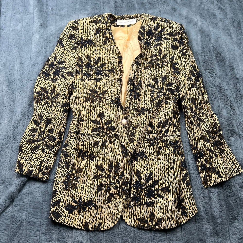 Jones New York Women Tan Black Batik Floral Rayon Collarless Blazer Jacket 13289